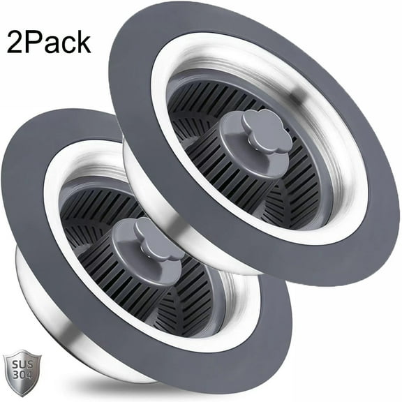 2 Pack Upgraded 3 in 1 Kitchen Sink Drain Strainer and Stopper Combo, Stainless Steel Metal Pop Up Sink Stopper, Anti-Clogging Basket Strainer with Handle for US Standard 3-1/2 Inch Drain