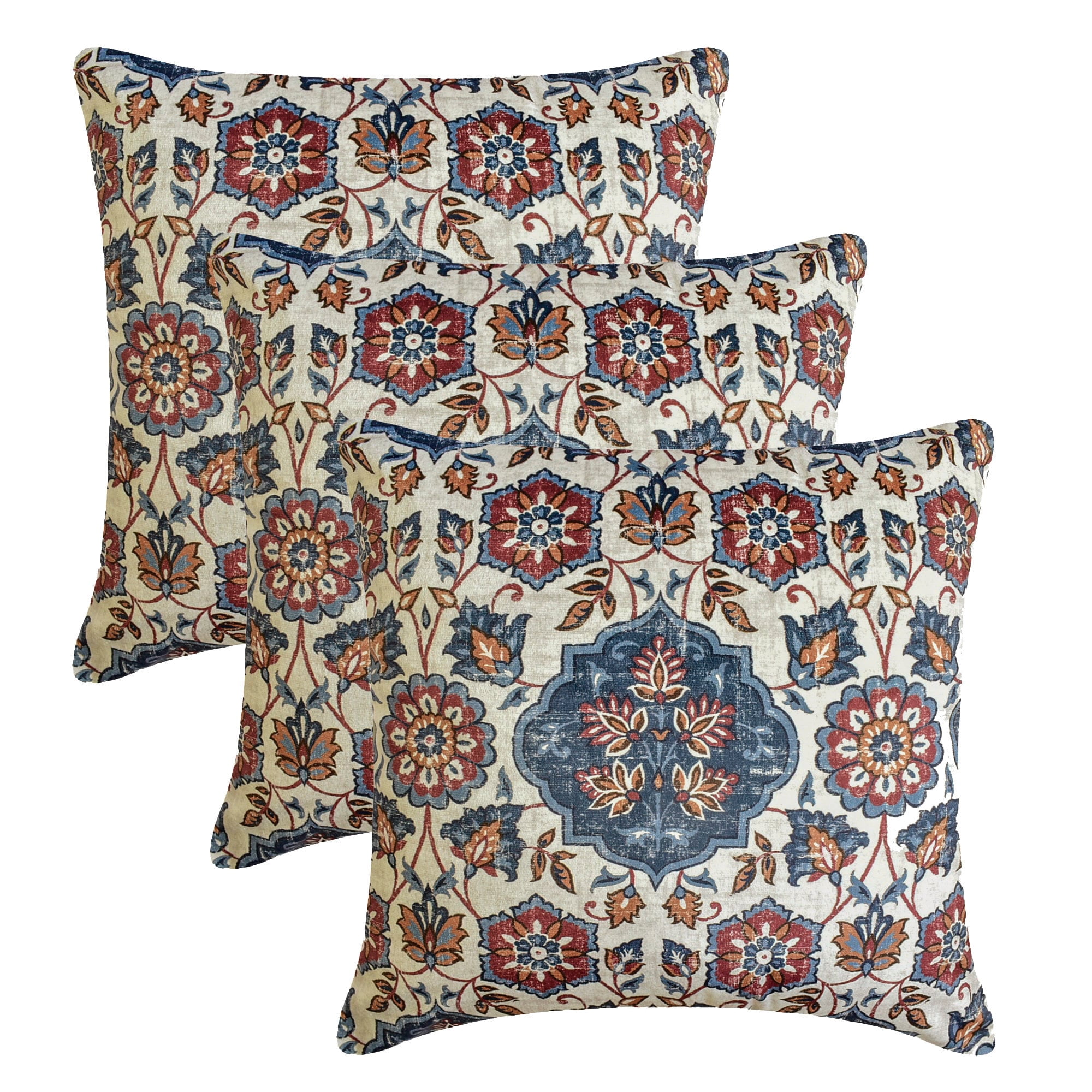 The HomeCentric Decorative Throw Pillow cover Blue & Rust 20"x20" (50x50 cm) Velvet Persian, Floral, Moroccan Pillow Case, Floral Contemporary Style - Zahara