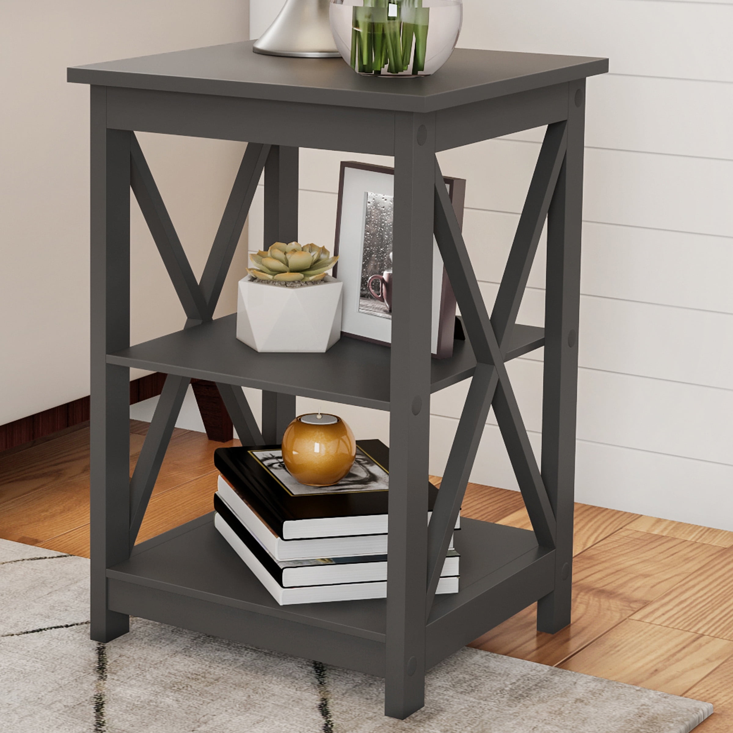Lavish Home Side Tables with 2 Shelves (Set of 2), Grey