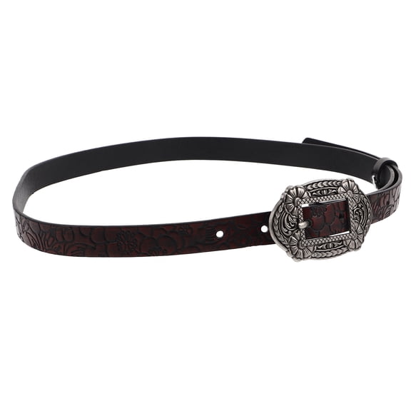 Raindrops Boho Western Belt for Women, Coffee PU with Alloy Floral Embossed Design, 1 Piece
