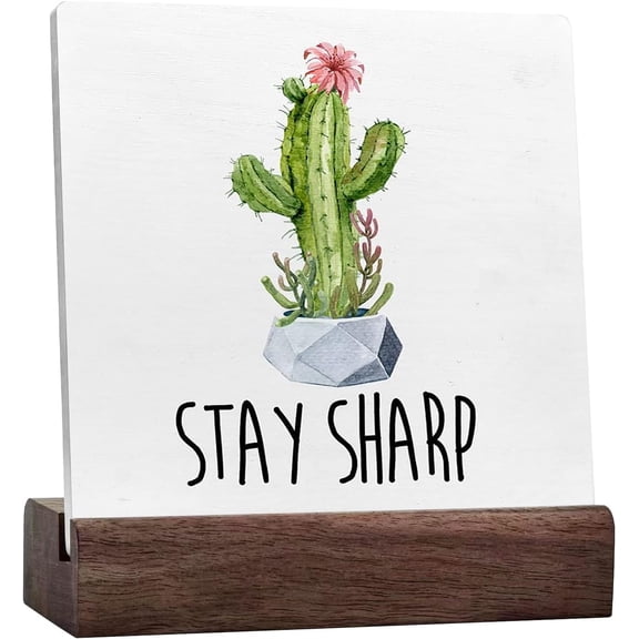 Stay Sharp Inspirational Ceramic Desk Sign Decor Desk Sign,Farmhouse Rustic Cactus Succulent Ceramic Sign For Grandma Home Living Room Shelf Table Decor Decorations