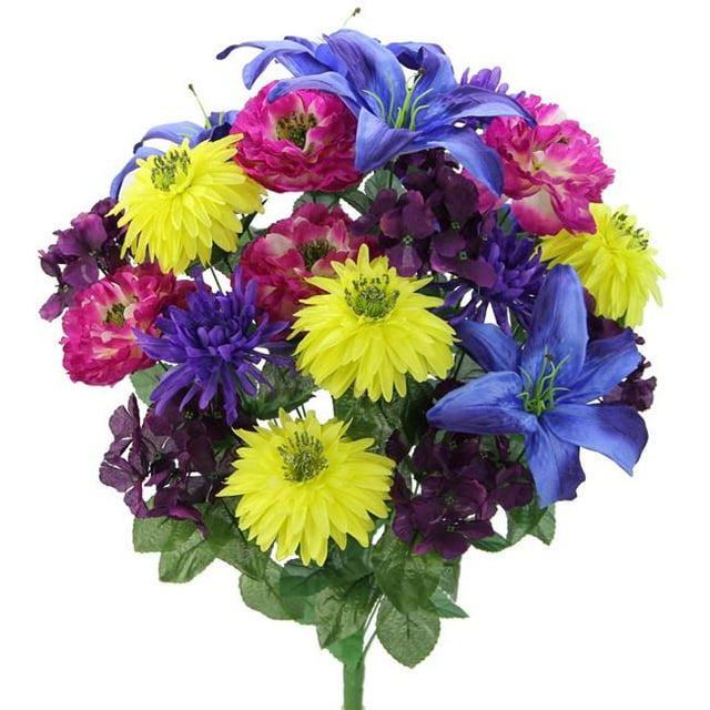 GPB7357-BL-FUCH-YW 24 Stems Faux Full Blooming Ranunculus, Lily, Hydrangea Mixed Flower Bush - Blue, Fuchsia & Yellow