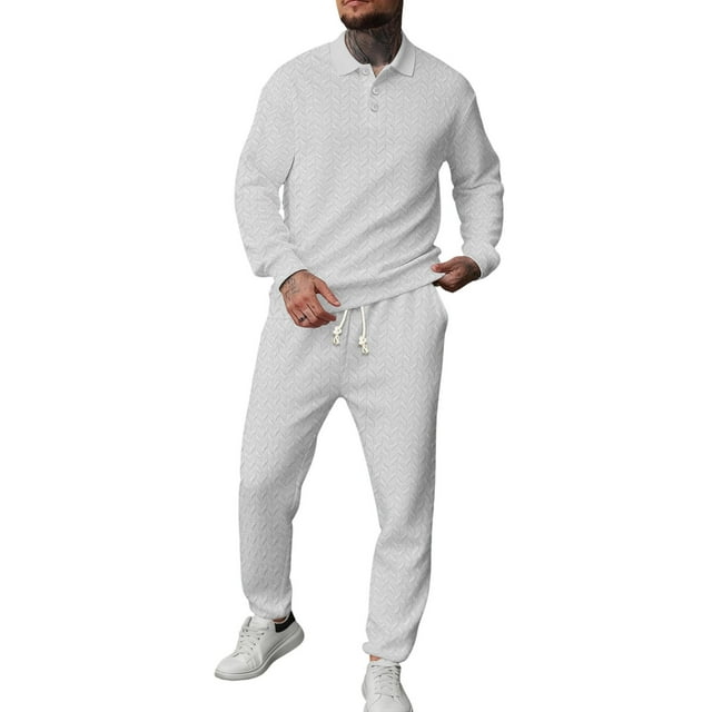 Men's 2 Piece Plaid Jacquard Track Suit - Quarter Button Polo Sweatshirt & Jogger Pants Set,White,Medium