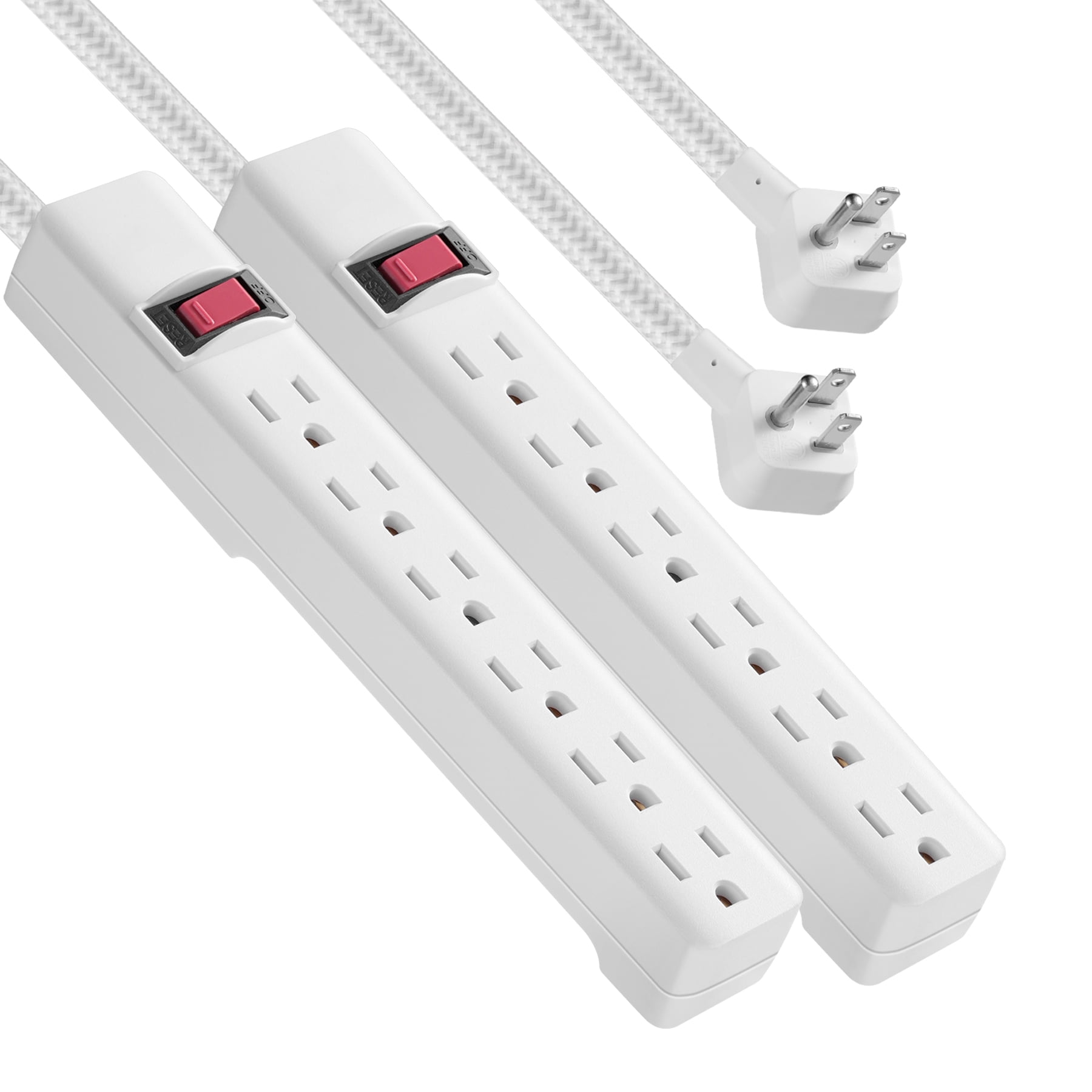 Hyper Tough 6-Outlet Indoor Power Strip, 8 ft Braided Extension Cord, ETL Certified, White, 2-Pack