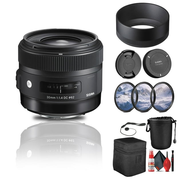 Sigma 30mm F/1.4 DC HSM Art Lens for Nikon F (301-306) Bundle with 3-Piece Filter Kit, Lens Pouch, Full Cleaning Kit, Lens Hood, Lens Case, Front and Rear Caps, Cap Keeper