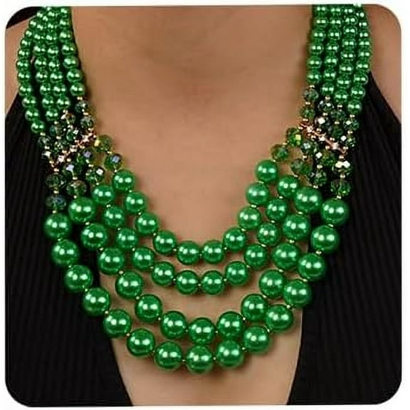 1920s Flapper Faux Pearl Strand Necklace and Earrings Set Boho Vintage Layered Long Chunky Crystal Stacked Choker for Women