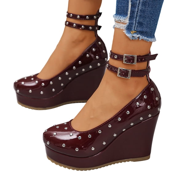 SACFOF Womens Studded Platform Wedge Pumps Round Toe Double Ankle Strap Buckle Closed Toe Dress Shoes for Party Office Evening