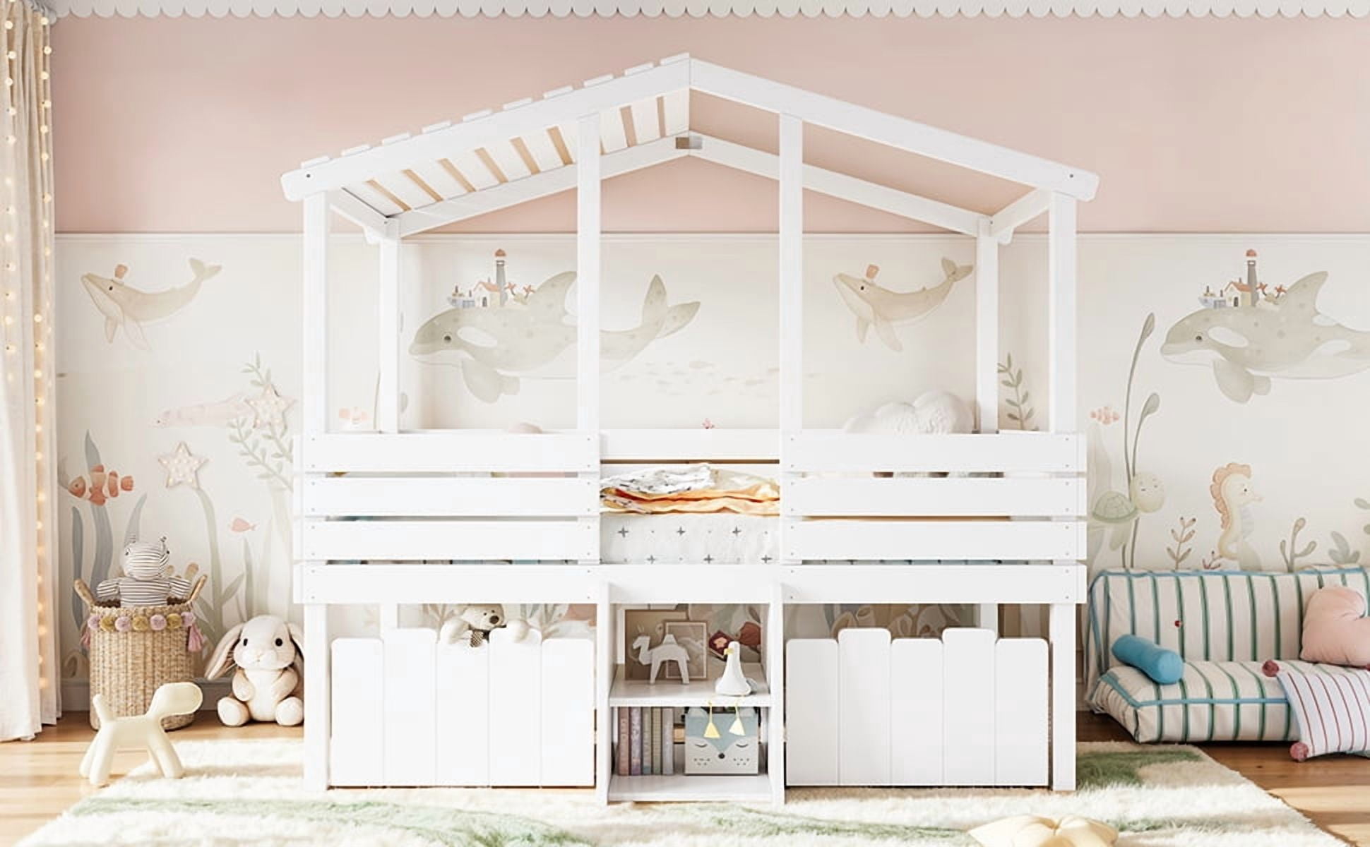 HOQBN House Loft Bed Twin Size,Low Loft Bed with Stairs and 2 Big Storage Drawers,Farmhouse Style Bed Frame with House Shaped Roof,White