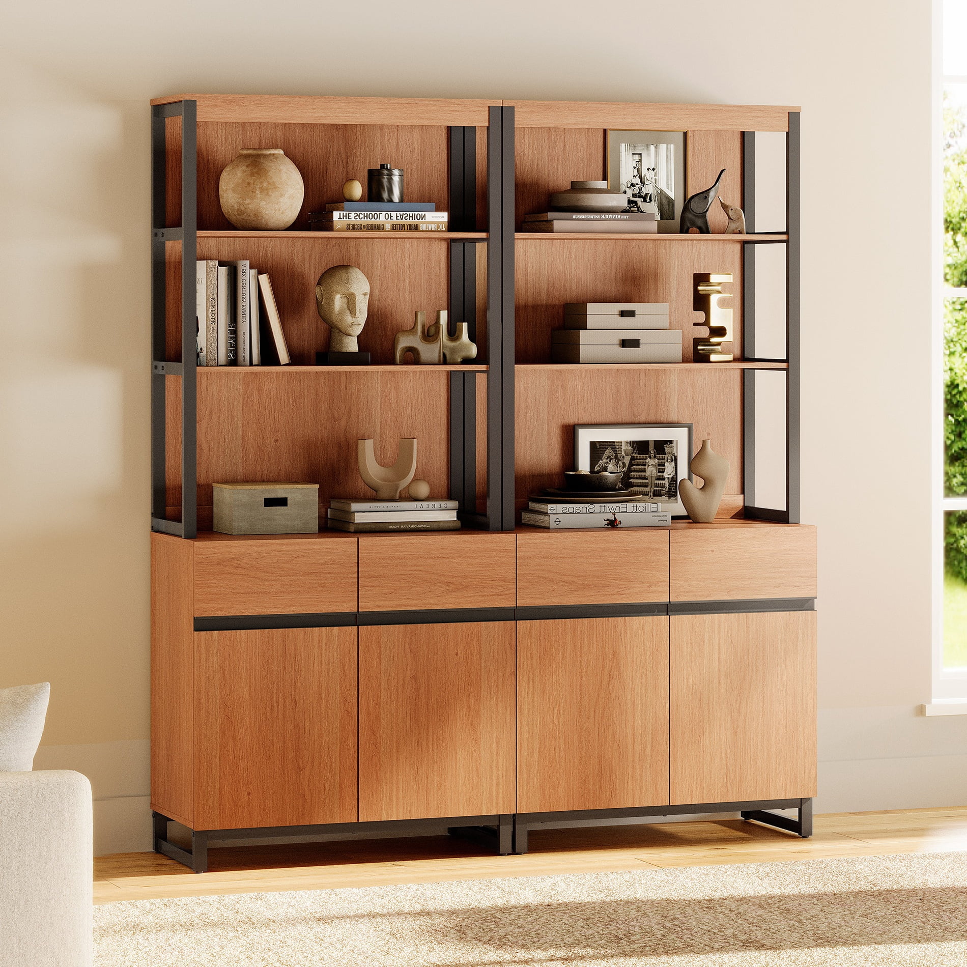 WAMPAT 2 PCS Modern 72" Tall Bookcases with Metal Base and Adjustable Shelves, Library Book Shelf with Storage Cabinet and Open Book Shelfs, Wood Bookshelves for Home Office, Living Room, Mocha