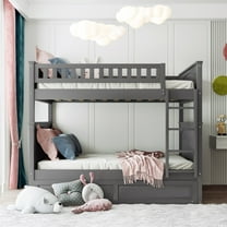 Full Over Full Bunk Bed with Twin Size Trundle, Pine Wood Bunk Bed with Guardrails, Brushed Gray