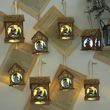 Dkj Christmas Luminous Wooden House With Colorful Leds Light Diy Wood Chalet Christmas Tree Hanging Ornaments Xmas Festival Holiday Decorations Gifts