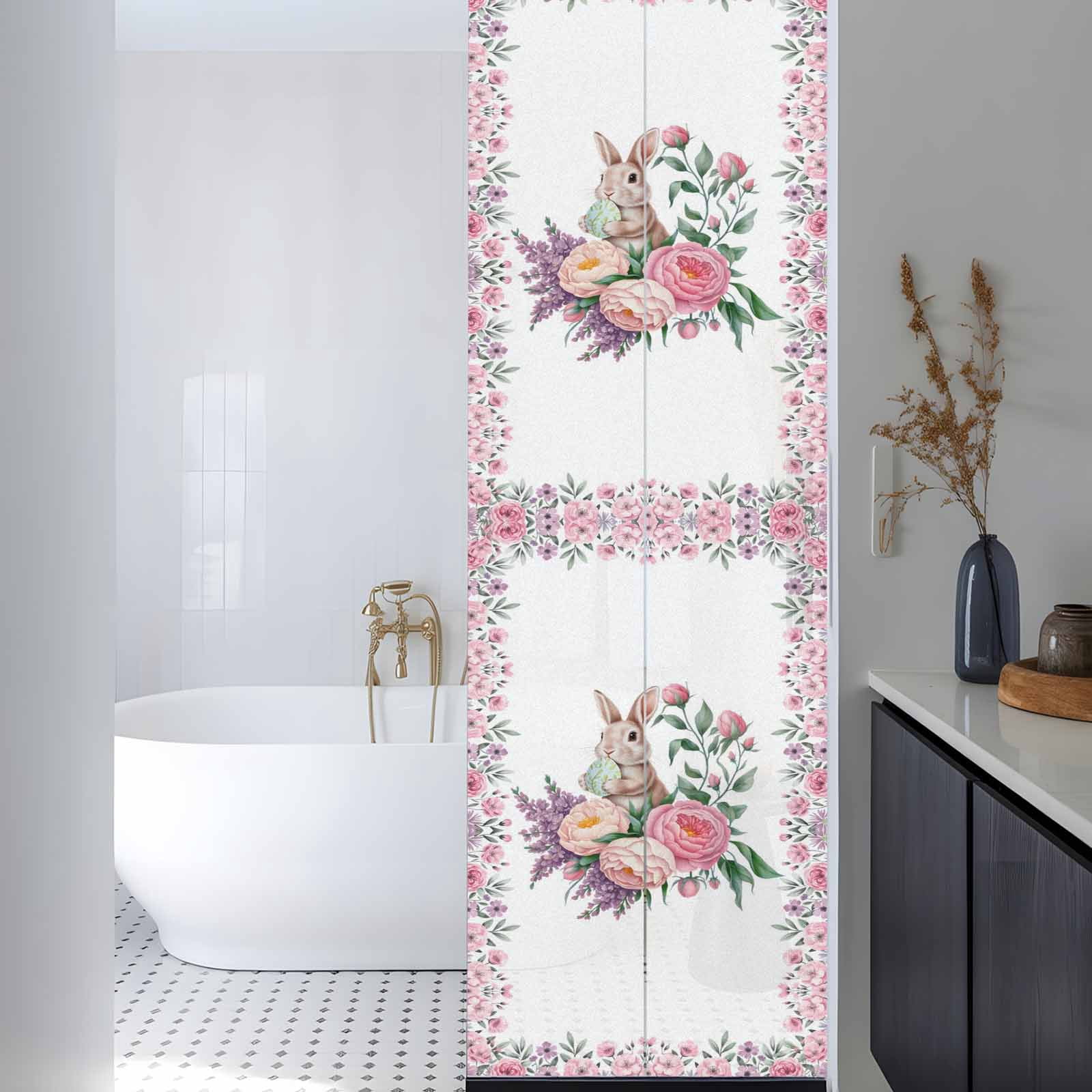 Easter Rabbit Window Privacy Film, Spring Pink Purple Floral Eggs Bunny Frosted Glass Window Clings Static Cling UV Heat Blocking Reusable Door Sticker for Bathroom 29.5 x 118 Inch