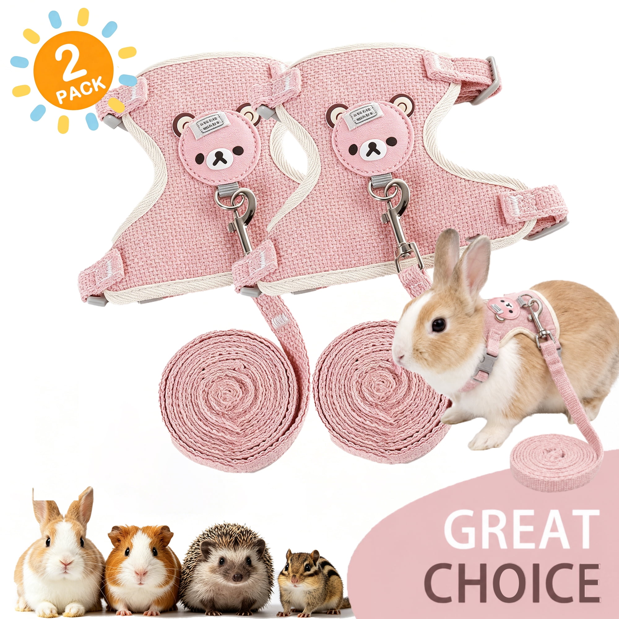 BellaNotes 2 Pack Rabbit harness and leash set, cute and breathable rabbit harness and leash set, suitable for walking rabbits, hamsters, ferrets, and guinea pigs, Pink S