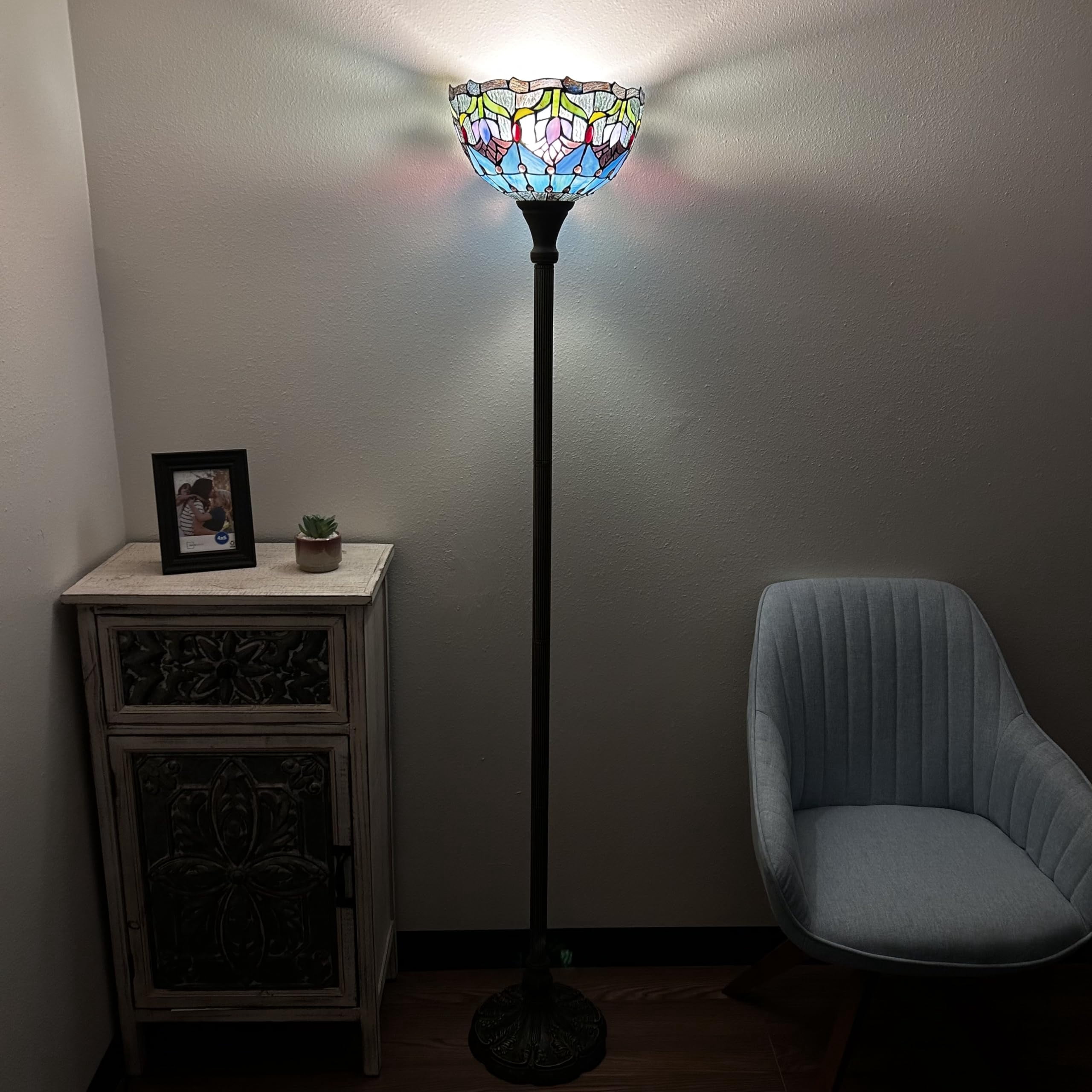 Tiffany Torch Floor Lamp Blue Purple Stained Glass Tulips LED Bulb Included For Living Room Dining Room Bedroom 12"W*12"D*66"H