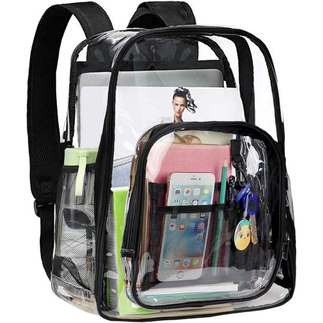Mochila transparente resistente, mochila escolar transparente de plástico PVC grande, mochilas informales transparentes para hombres (negro)