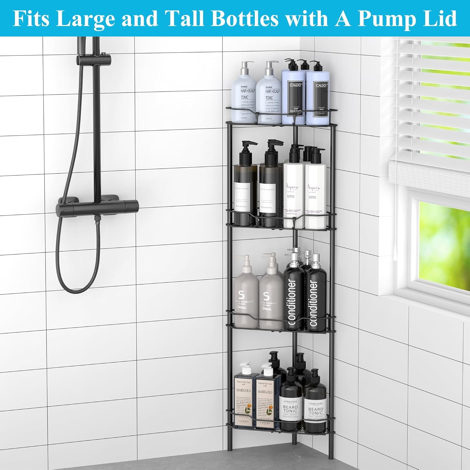 4-Tier Floor Standing Corner Shower Caddy Organizer Shelf with Hooks, Bathroom Shelves Stand Rack, Black