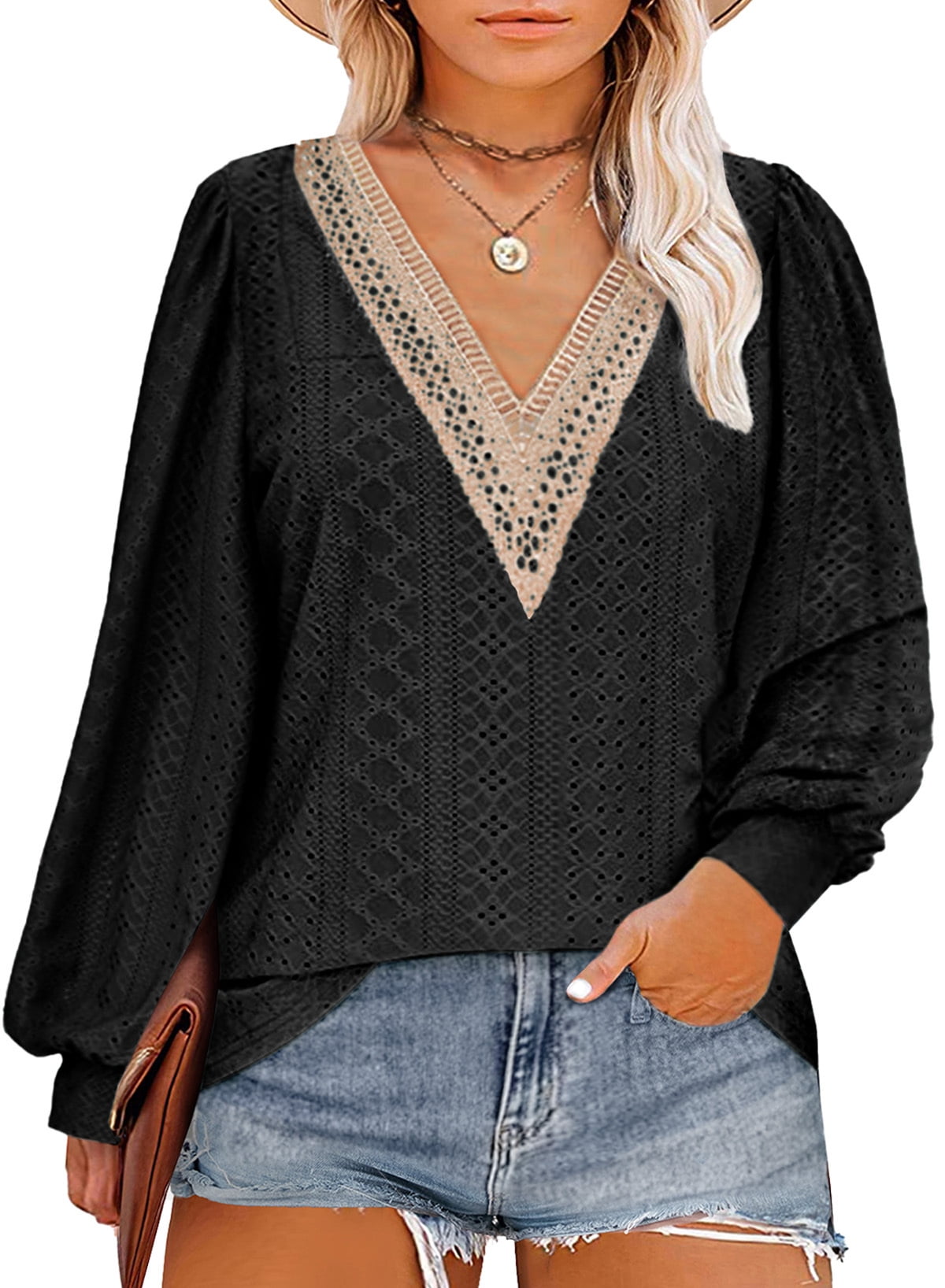 Eytino 0versized Womens Tops Plus Size Lantern Long Sleeve Lace V Neck ...