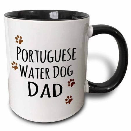 3dRose Portuguese Water Dog Dad - Doggie by breed - muddy brown paw print - doggy lover proud pet owner - Two Tone Black Mug,