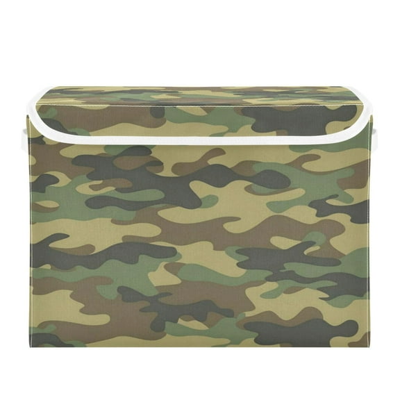 WOBOGO Army Green Camouflage Large Collapsible Storage Box Flip Lid Fabric Decorative Organizer Container Basket with Handles 16.5×12.6×11.8in