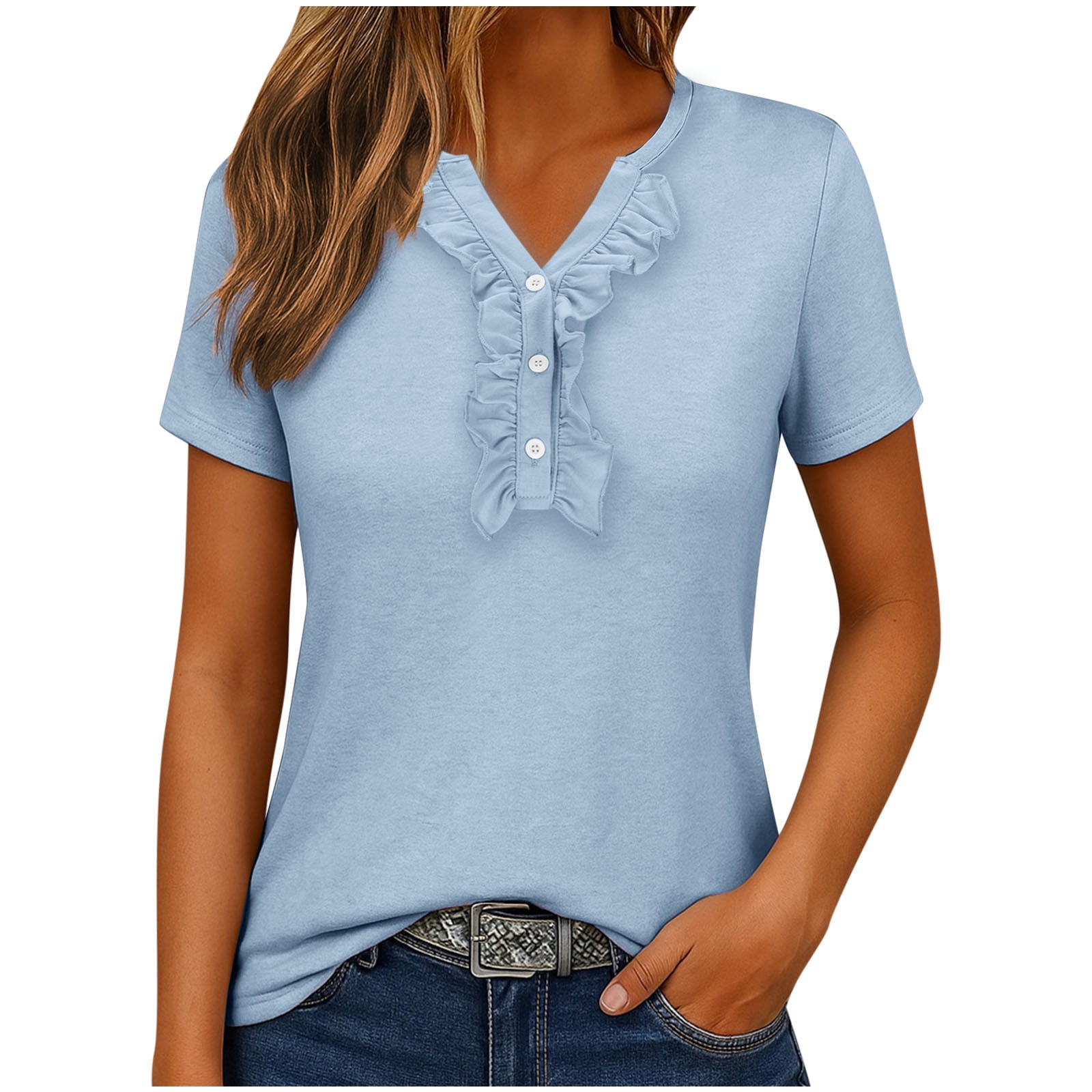 Women's Tops Clearance Sale! Ladies Tops and Blouses Ruffle Button Henley  Shirts Womens Short Sleeve V Neck Tops Lightweight Summer Tunic Blouses