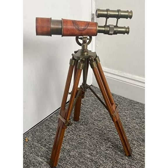 Double Barrel Victorian London (1915) 14" Brass Telescope on Tripode Stand Antique Home Decor Table Top.