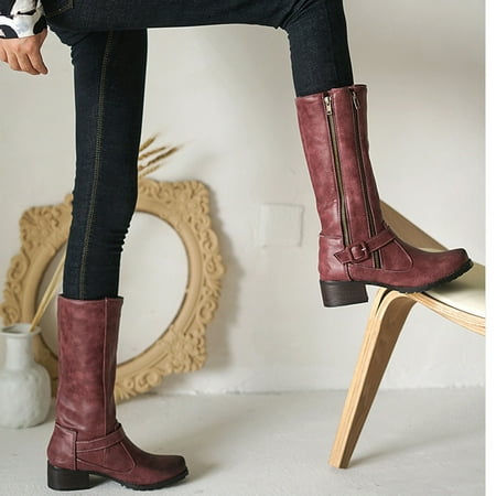 

symoid Womens Mid Calf Boots- Boots Low-heeled Boots Nubuck Leather Boots Handsome Boots Red 35
