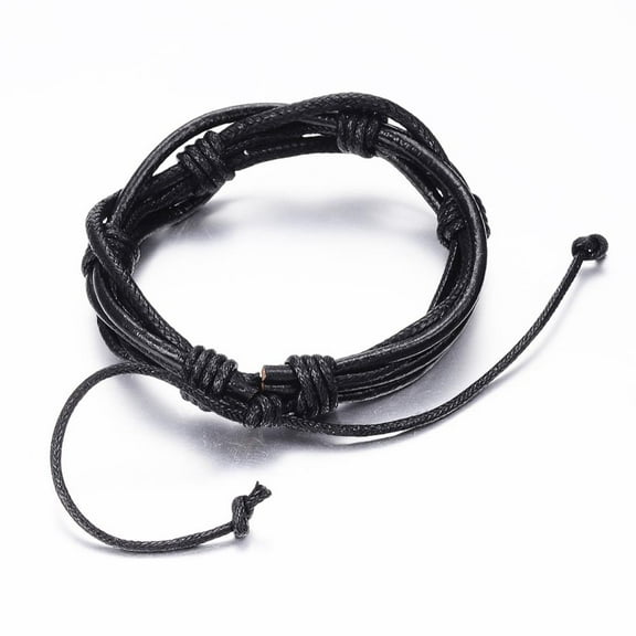 Adjustable Cowhide Leather and Waxed Cord Multi-Strand Bracelets Black 2-1/8 inch~3-1/8 inch(55~80mm)