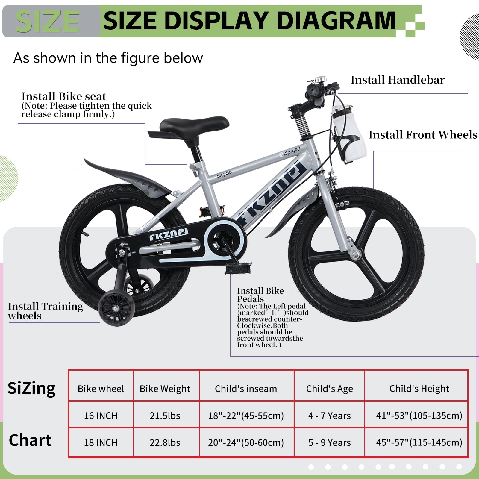 18" Kids Bike for Boys Girls, Toddler Bike with Training Wheels, Bicycle for Kids with Adjustable Seat, Water Bottle, Fits Riders 45"-57", Gray