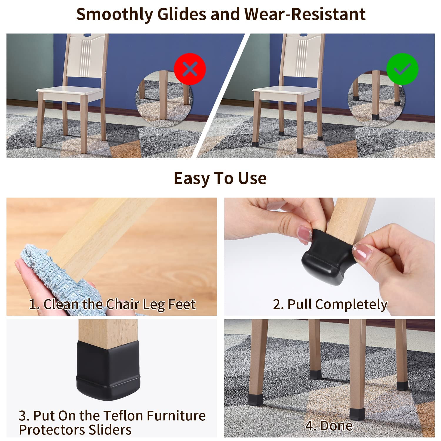 Ezprotekt 24 Pcs Chair Leg Caps Protectors with Teflon Sliders Furniture Movers for Carpet 0.75
