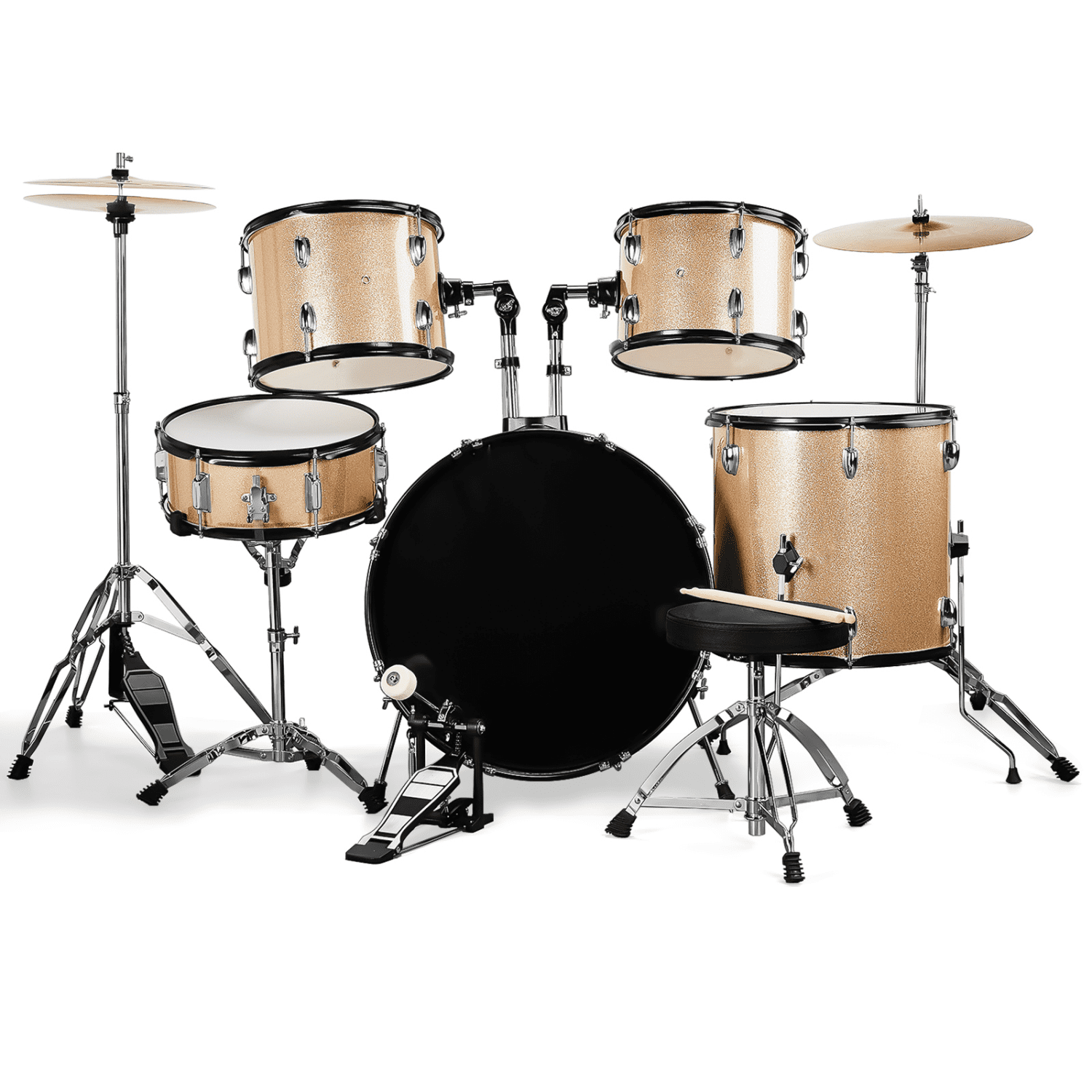 Hassch 5 Piece Beginners Full Size Drum Set, Starter Drum Kit with Stool, Champagne