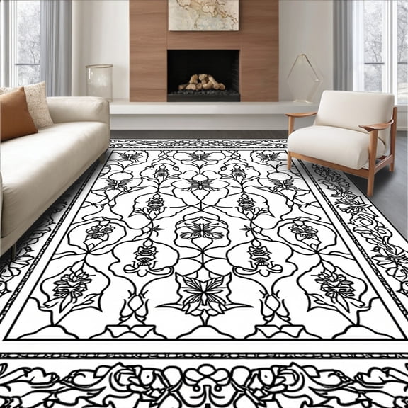 Flatwoven High Traffic Area Rug, Vintage Medallion Motif Monochrome Harmony, Non Slip, Stain Resistant, Washable Area Rugs for Living Room, Bedroom(Black, 4X6)