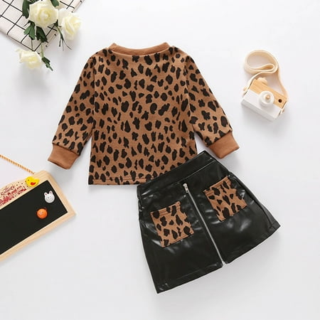 

Leutsin Pullover Brown Leopard Yarn Dyed Top Leather Zipper Skirt Two Piece Set