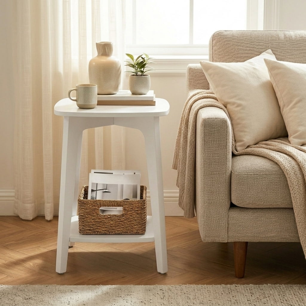 Ledrem Modern Living Room Accent Side End Table with Storage Shelf, White Particleboard, Square, 2-Tier Edit