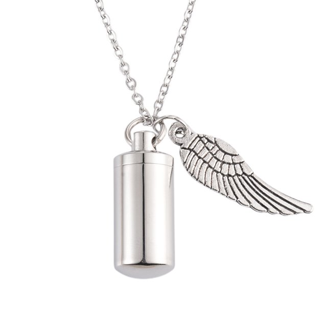 Colgante de acero inoxidable con forma de cilindro pequeño con alas Colgante conmemorativo de cilindro con alas y cenizas