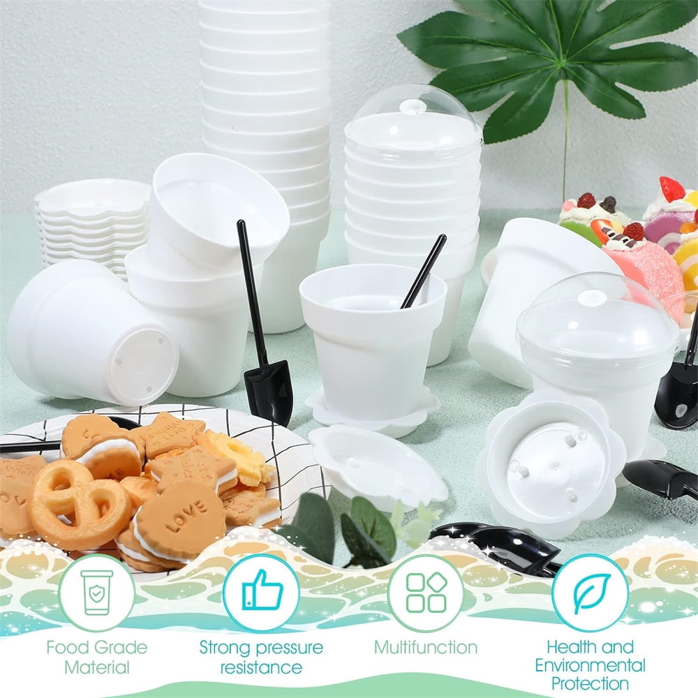 Flowerpot Dessert Cups,Plastic Gardening Plant Containers Pot with Lid and Bottom Tray,Small Flower Pot Cups Dessert Cups,Seedling Planter Starter Pots,20 Pcs,White