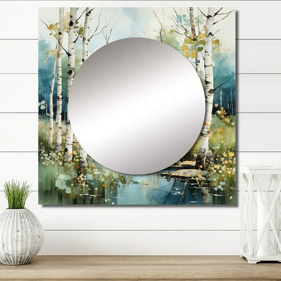 Designart "Birch Woods Winds X" Forest Square Mirror For Wall Decor - Large Green Square Printed Wall Mirror Art - Square Traditional Mirror - Wall Mounted Square Large Mirror