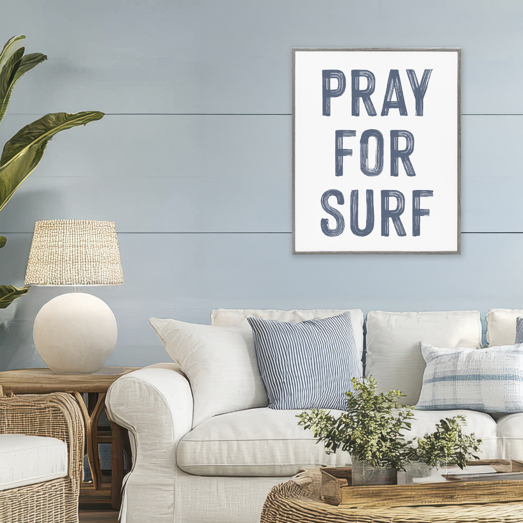 Summer Sentiment Pray For Surf Gray Framed Giclee Art, design by Lettered and Lined