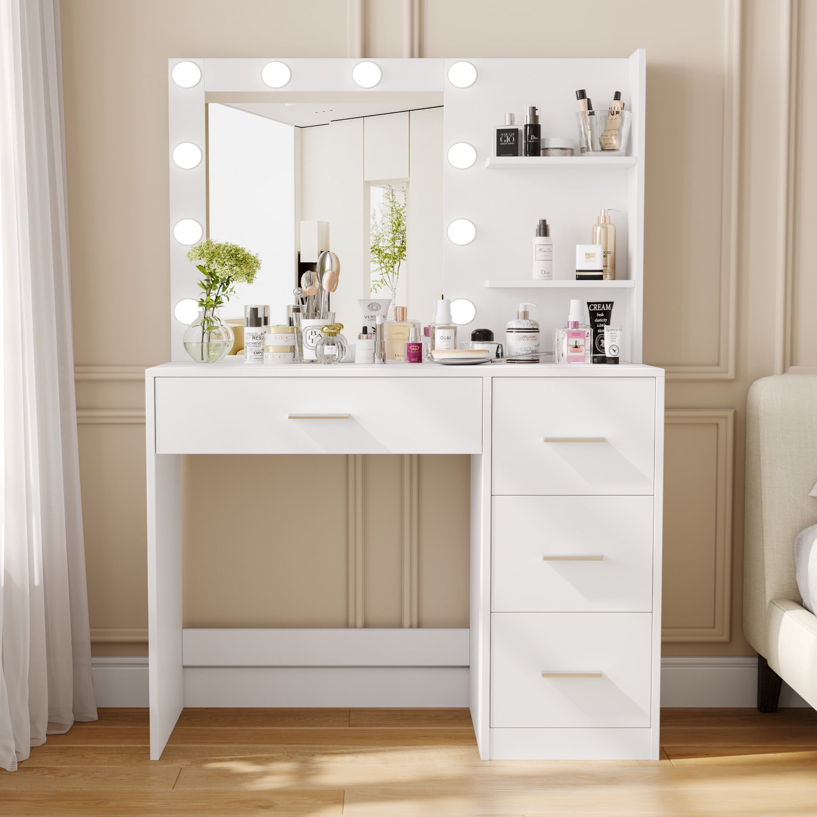 Rovaurx Makeup Vanity Table with Lighted Mirror, Makeup Vanity Desk Storage Shelf and 4 Drawers, Bedroom Dressing Table, 10 LED Lights, White RSZT104W - Walmart.com