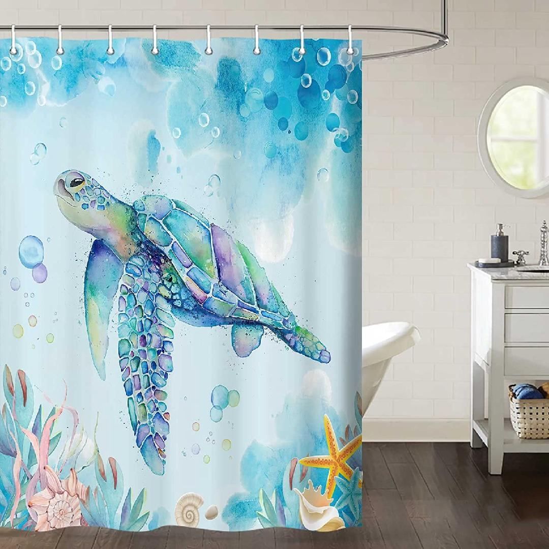Sea Turtle Shower Curtain, Underwater Seaweed Seashell Shower Curtain