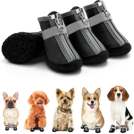 4Pcs Dog Shoes for Small Dogs  Waterproof Dog Boots Paw Protector for Hot Pavement Winter Snow  Dog Booties with Reflective Strips Anti-Slip Sole for Hardwood Floors Outdoor Walking