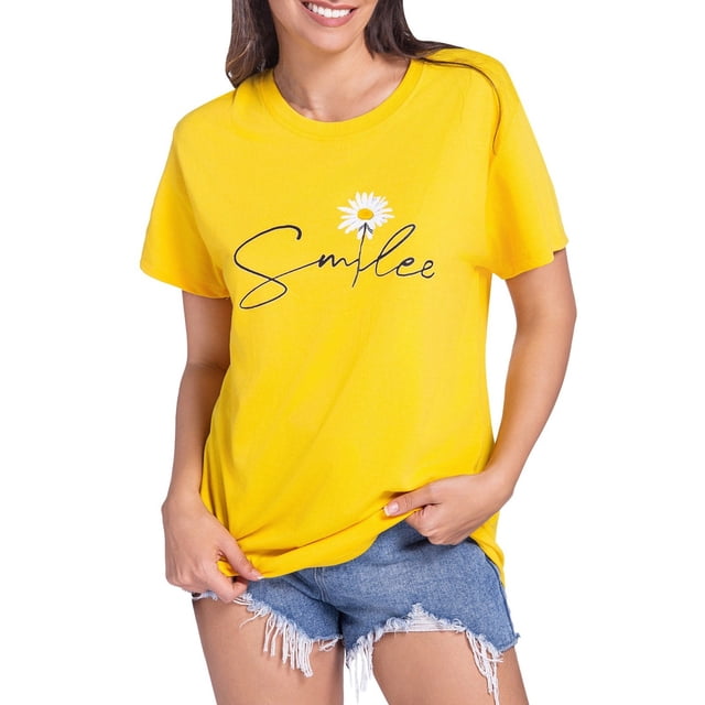 LUOGENLI T-shirts pour Femmes Motif Tournesol Col Rond Manches Courtes T-Shirt Haut 4xlt T-shirts Graphiques Saint-Valentin Jaune TTTG