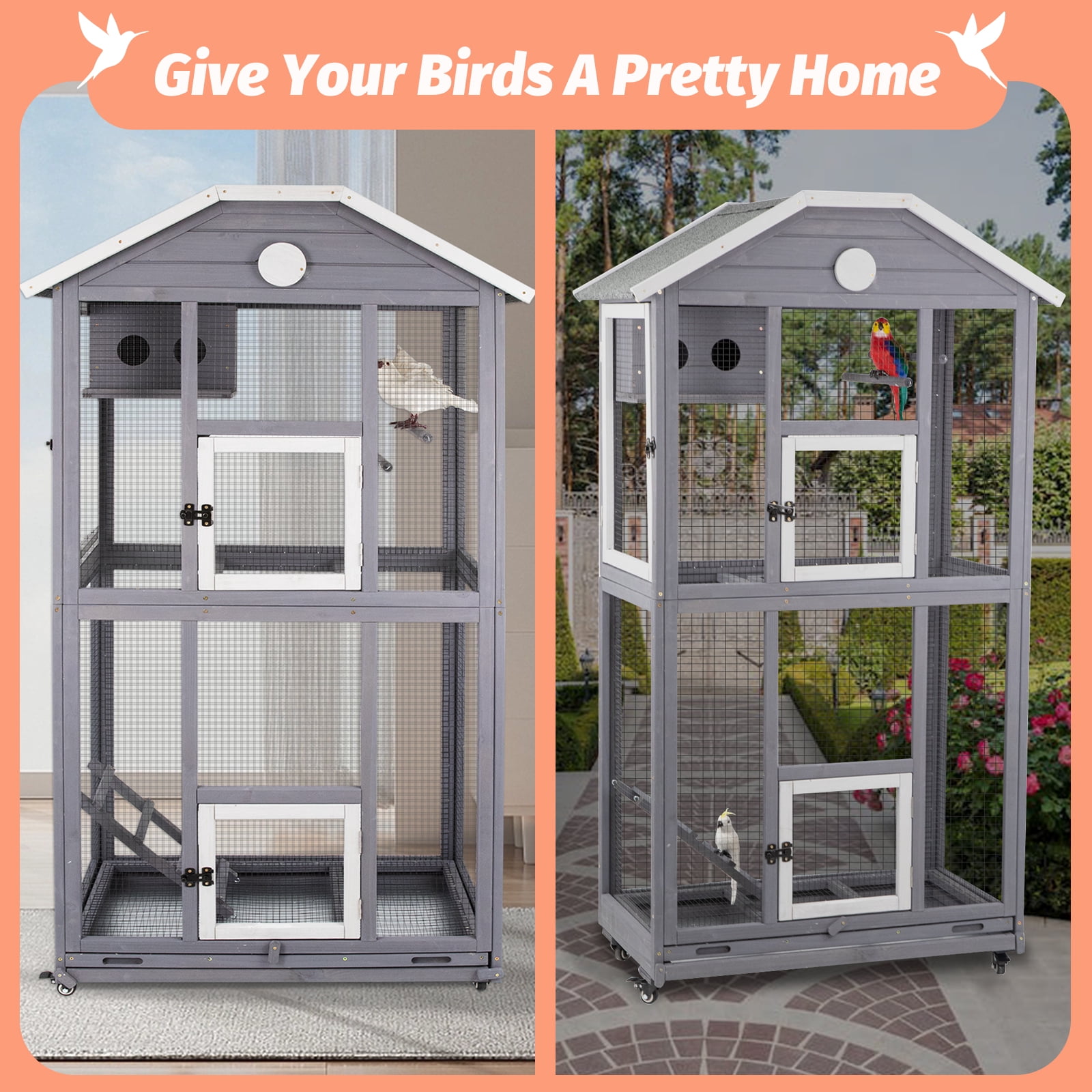 PETSCOSSET 65" Outdoor Bird Aviary,  Wooden Bird Cage on Wheels