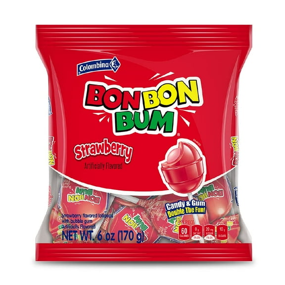 Colombina Bon Bon Bum Strawberry Bubble Gum Lollipops, Pack of 24 Bubble Gum Pops