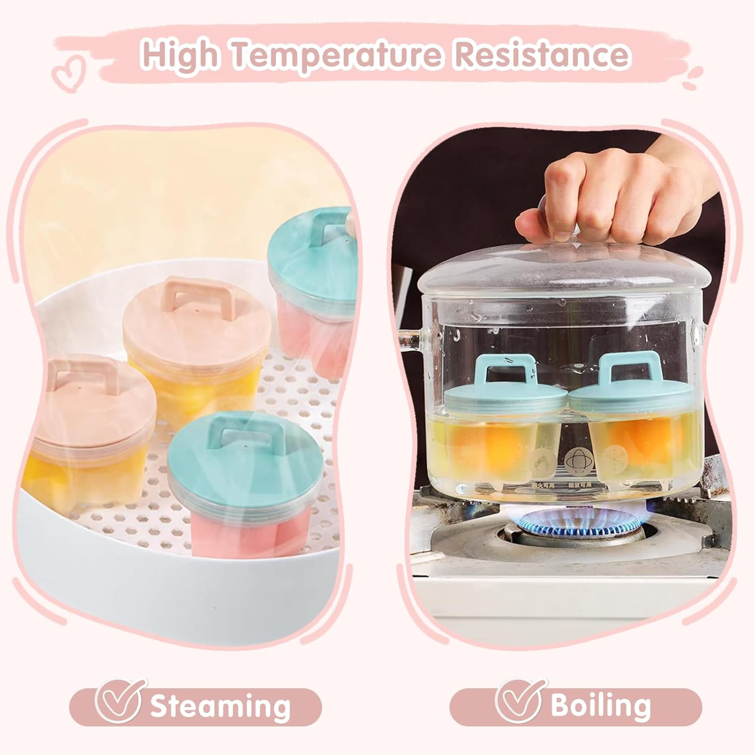 Egg Poacher Cups with Lid and Oil Brush, Reusable Nonstick Egg Molds, Blue