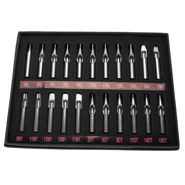 Juego de 22 boquillas de acero inoxidable para tatuajes, con caja de ranuras.