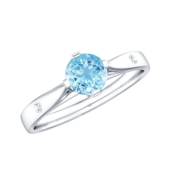Rosec Jewels Aquamarine Engagement Ring with Diamond - 0.8 Carat Round March Birthstone Ring - AAA Grade - with Jewelry Box, 925 Sterling Silver, US 4.00