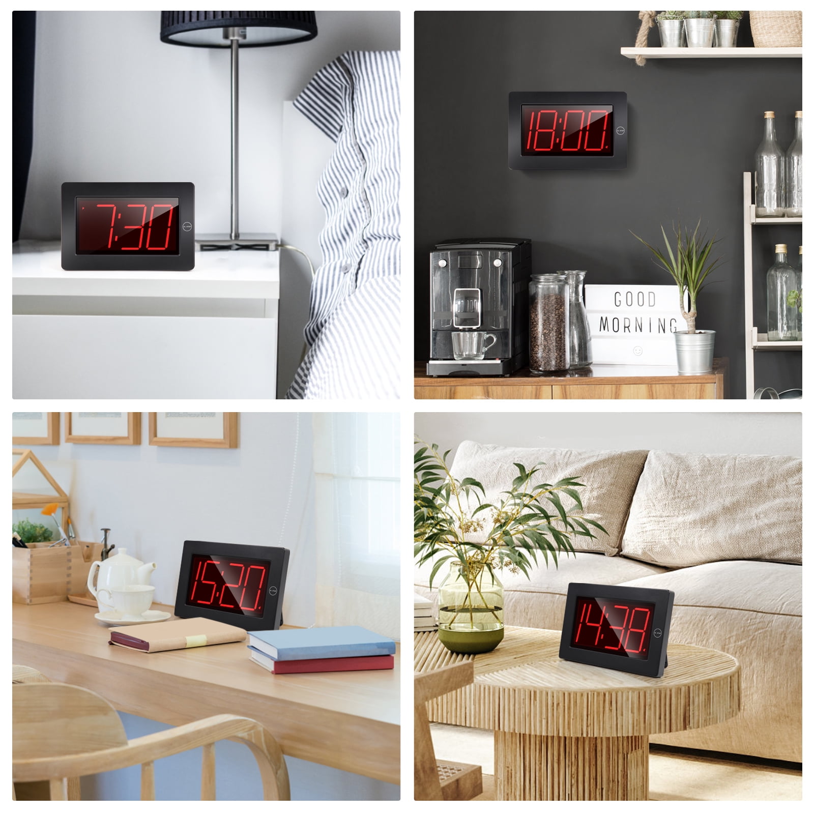 Kwanwa 8" Digital Wall Clock, Alarm Clock Battery Operated, Auto Dimmer Mode, Tabletop, Bedroom, Living Room, Office
