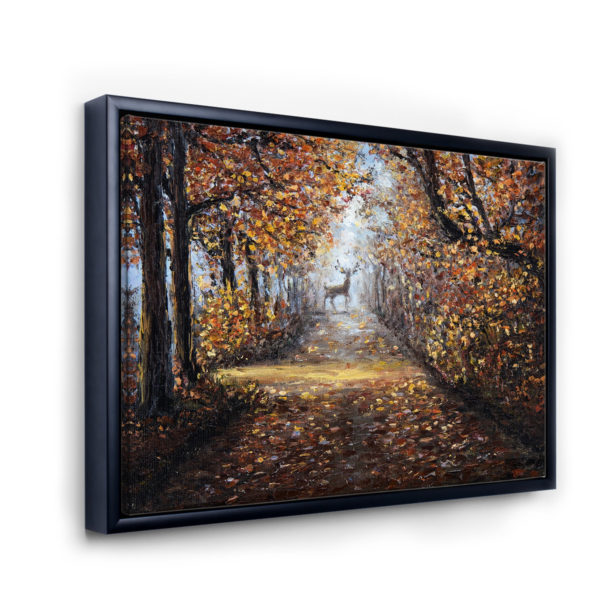 Deer In The Autumn Park 32 in x 16 in Framed Painting Canvas Art Print, by Designart