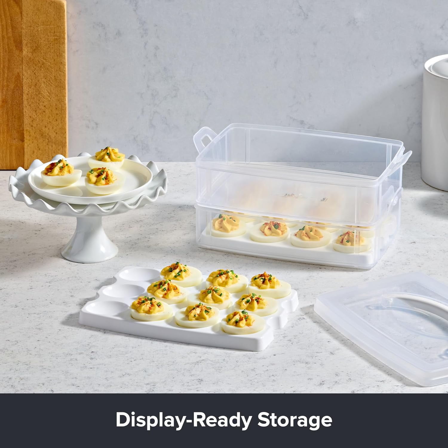 Plastic removable deviled egg container with lid and handle, freezer, dishwasher and microwave safe