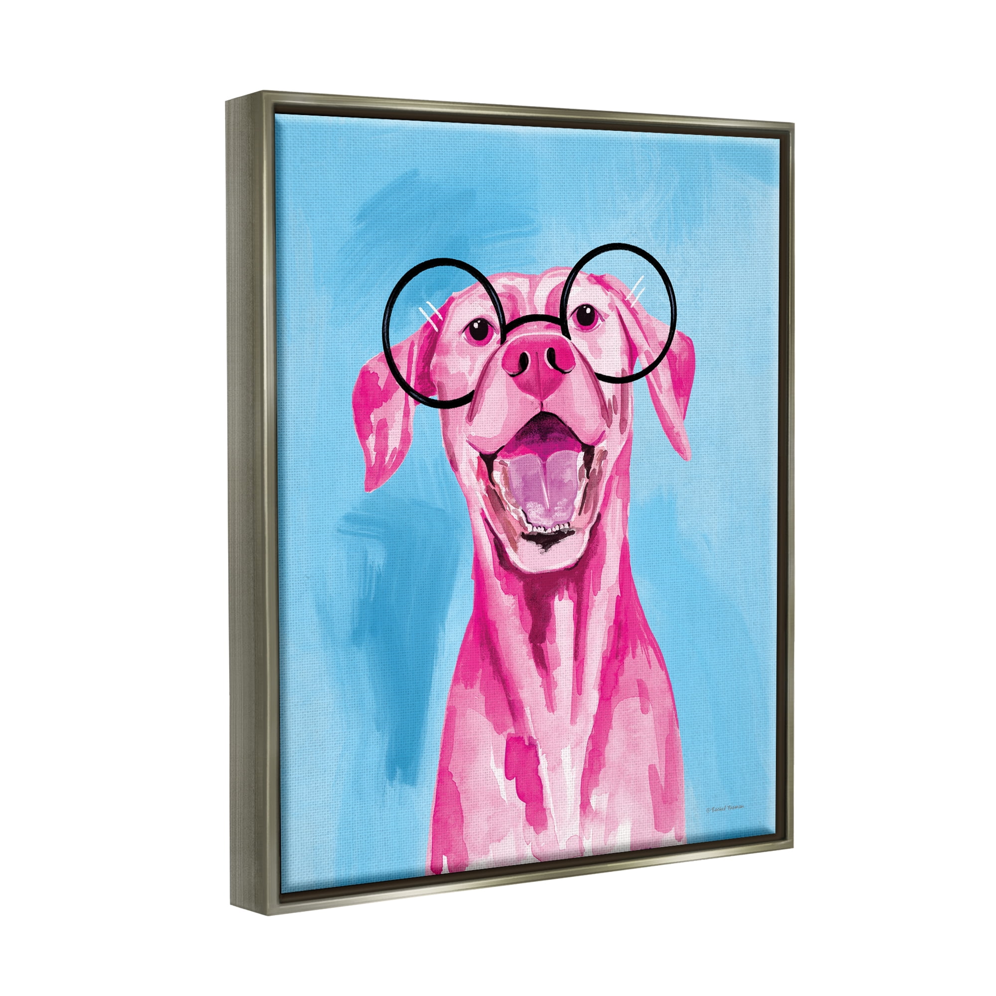 Stupell Industries Pink & Blue Happy Dog Animals & Insects Painting Gray Floater Framed Art Print Wall Art, 25 x 31